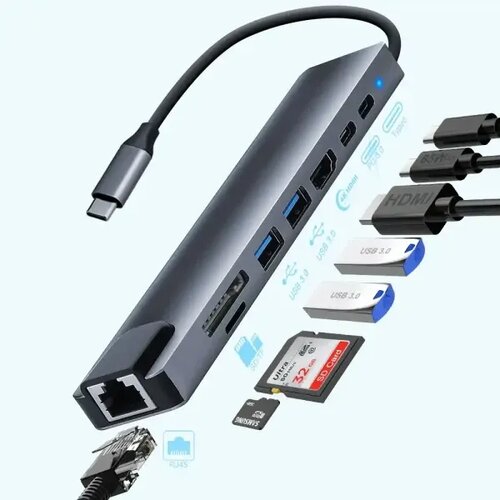  Adapter-konverter USB Tip C 11/1 1xUSB3.0/3xUSB2.0/HDMI/TF/SD/Audio/RJ45/VGA/Tip C PD Cene