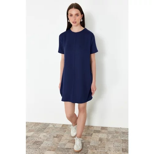 Trendyol Blue Crew Neck Short Ribbed Flexible Knitted Mini T-shirt Dress