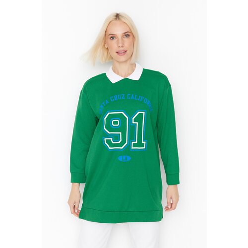 Trendyol Green Polo Collar Printed Knitted Sweatshirt with Soft Pillow Slike