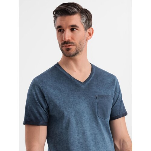 Ombre Men's cotton V-neck knit t-shirt with wash effect - navy blue Cijene