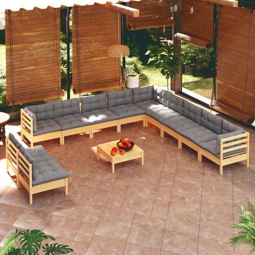  12-dijelna vrtna garnitura od borovine sa sivim jastucima Cijene