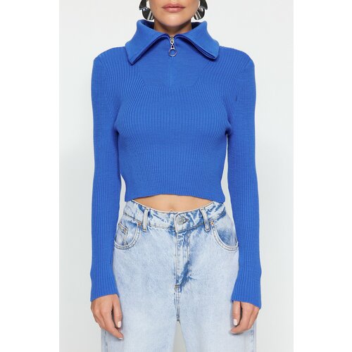 Trendyol Blue Crop Zipper Detailed Knitwear Sweater Cene