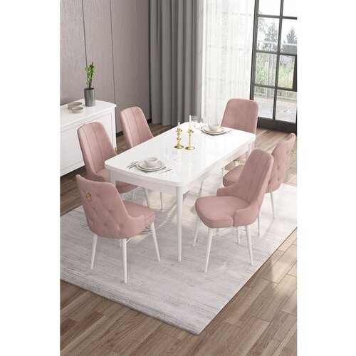 Hanah home Are - White, Pink WhitePink Extendable Dining Table & Chairs Set (7 Pieces) Cene