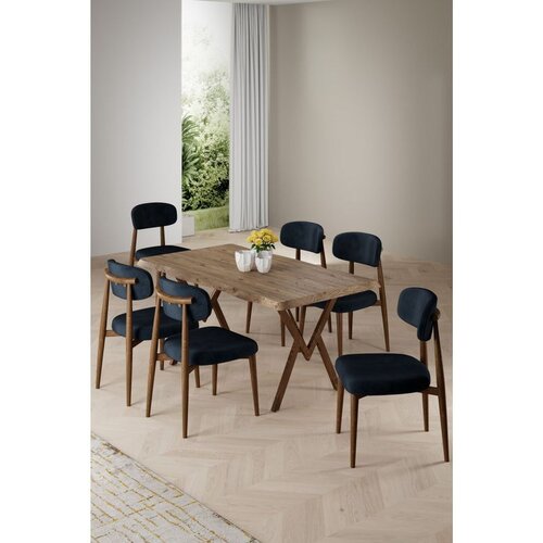 Hanah home trpezarijski set Zerra, sto i 6 stolica, ploča u dekoru atlantskog bora, noge sa završnom obradom u izgledu drveta, antracit tkanina Babyface Cene