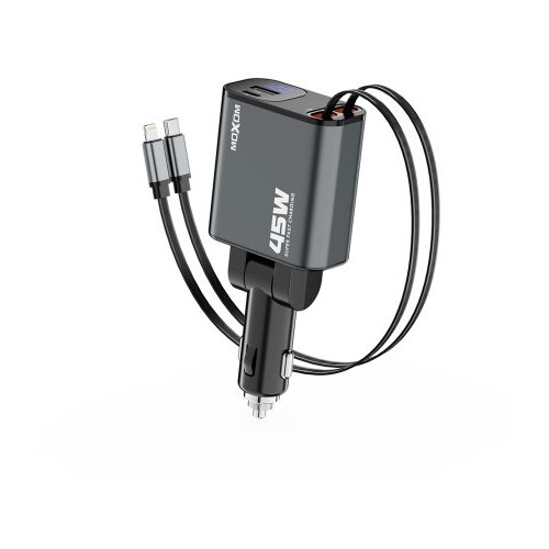 Moxom mx-vc53 USB &amp;amp; type c output + type c &amp;amp; lightning cable output 45w crni auto punjac ( a727 ) Slike