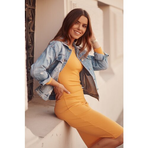 Fasardi Basic mustard ribbed dress with long sleeves Slike