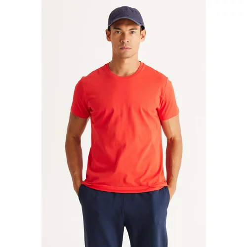 AC&Co / Altınyıldız Classics Men's Red 100% Cotton Slim Fit Slim Fit Crewneck Short Sleeved T-Shirt.