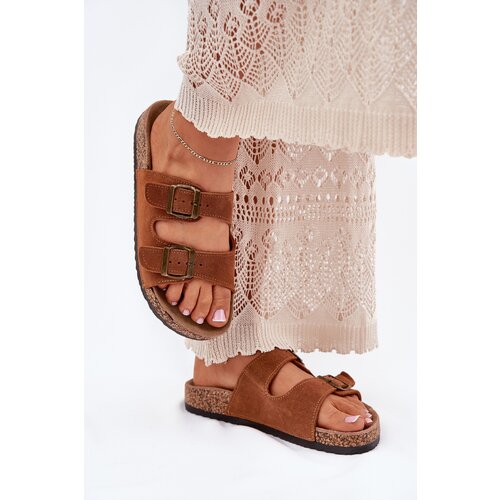 Boto Suede Slippers On Cork Sole With Buckles Camel Tavira Cene
