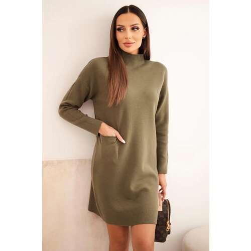 Kesi Włoski Women's sweater dress with a turtleneck and pocket khaki Cene