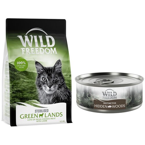 Wild Freedom suha mačja hrana 6,5 kg + WF Instinctive mokra mačja hrana 6 x 70 g po posebni ceni! - Adult "Green Lands" Sterilised jagnjetina - recept brez žit 6,5 kg + Instinctive Hidden Woods - divja svinja 6 x 70 g Cene