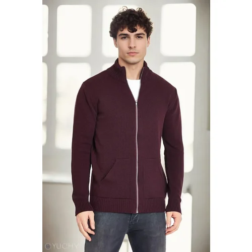 Dewberry 83582 Zippered Knitwear Mens Cardigan with Pocket-BORDO