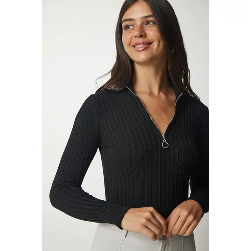Happiness İstanbul Women's Black Zipper Stand Up Collar Corduroy Knitwear Blouse