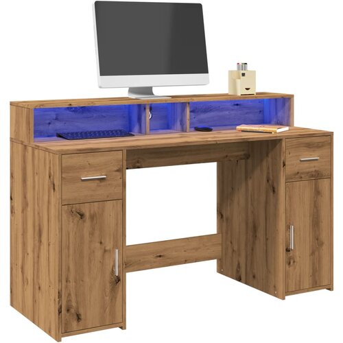 vidaXL Pisalna miza z LED lučkami artisan hrast 140x55x91 cm inž. les Cene