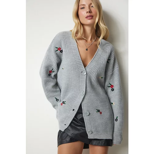Happiness İstanbul Women's Gray Floral Embroidered One Button Knitwear Cardigan