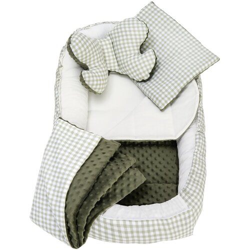 Medi Partners Cocoon in a 5-piece set (cocoon / insert / butterfly pillow / flat pillow / quilt 75x55) &amp;ndash; Checkered + green Minky Slike