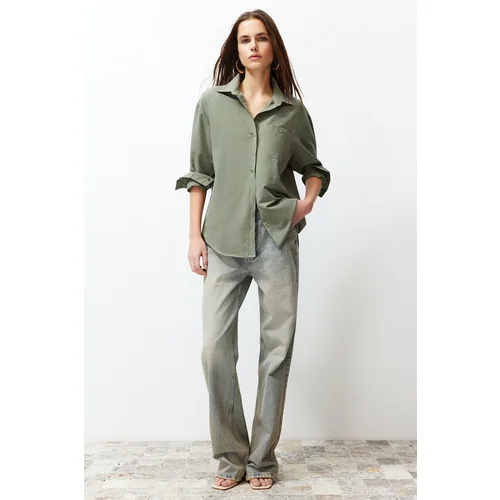 Trendyol Dark Khaki Single Pocket Boyfriend Woven Cotton Shirt