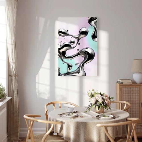  Slika - Metallic Fluidity - Abstract Silver Forms on a Mint-Purple Background 60x90 Cijene