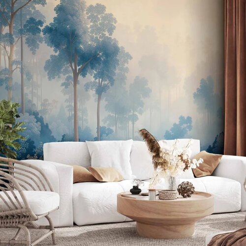 Foto tapeta - Landscape with Trees in Illustrative Style Fairy-Tale Blue Forest 196x140 Samoljepljiva Cijene