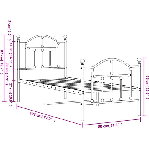  Metalni okvir kreveta uzglavlje i podnožje crni 75x190 cm Slike