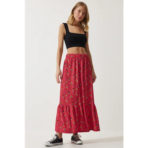  Women's Pink Floral Flounce Viscose Skirt