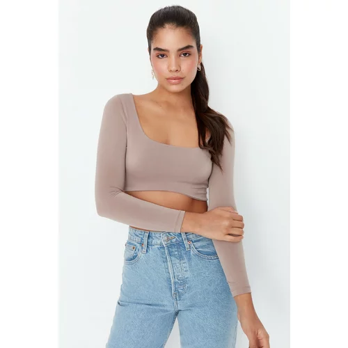 Trendyol Beige Square Collar Super Crop Knitted Blouse