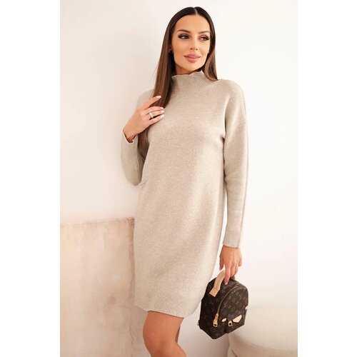 Kesi Włoski Women's sweater dress with a turtleneck and pocket beige Cene
