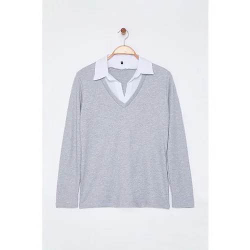 Trendyol Curve Gray Jersey Knitted Plus Size Blouse