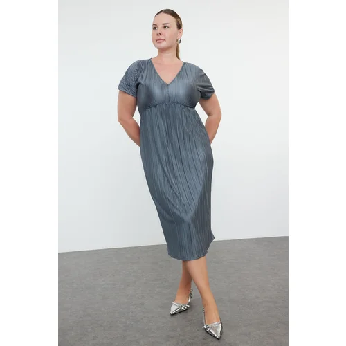 Trendyol Curve Anthracite Reversible Pleated Midi Plus Size Dress