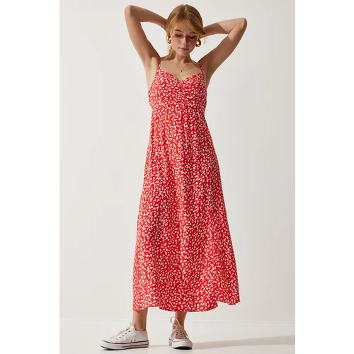  Women's Red Strap Patterned Viscose Dress