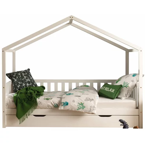 Vipack Bela otroška postelja iz masivnega bora v obliki hiške/z dodatnim ležiščem s prostorom za shranjevanje 90x200 cm DALLAS –