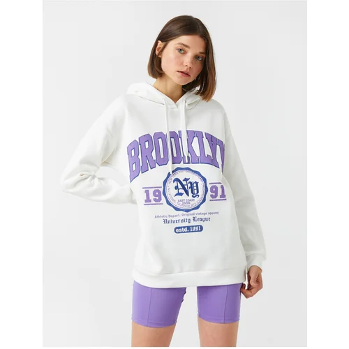 Koton Oversize Printed Sweatshirt with Hoodie and Fleece Inner