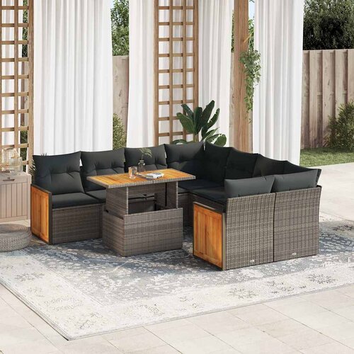 VidaXL 9-dijelni set vrtnih sofa poliratan i bagrem s jastucima sivi Slike