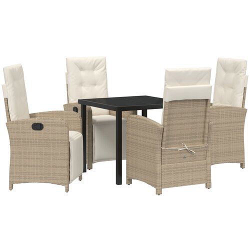 VidaXL Vrtni set za objedovanje od 5 dijelova s jastucima, bež poli ratan, Vrtni stol s crnim staklom 80x80x73 cm Slike