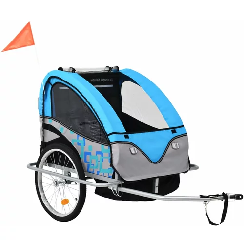 vidaXL 2-v-1 Otroška kolesarska prikolica in voziček moder in siv