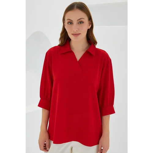 Bigdart Women's Red Shirt Collar Satin Blouse 0493