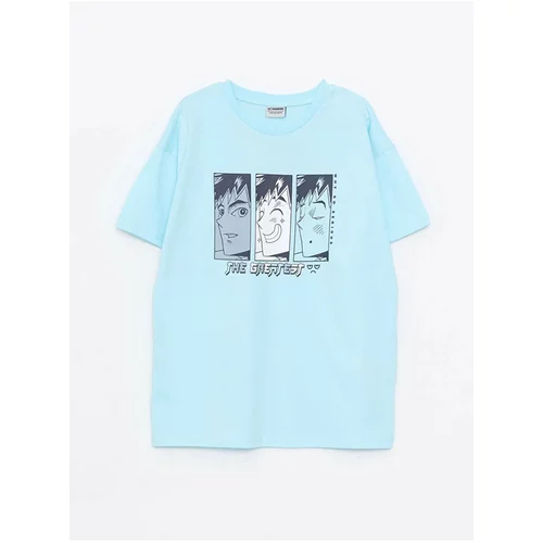 LC Waikiki Blue-Colored, 100% Cotton Combed Combed Crew Neck Printed Short Sleeve Boys' T-shirt.