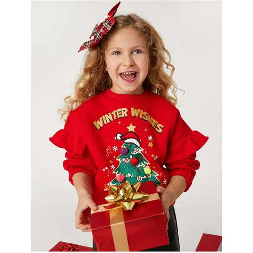 Koton Christmas Tree Printed Frilly Sweatshirt with Pompom Detail