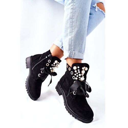 Kesi Suede Boots With Pearls And Ribbon Black Perla Cijene