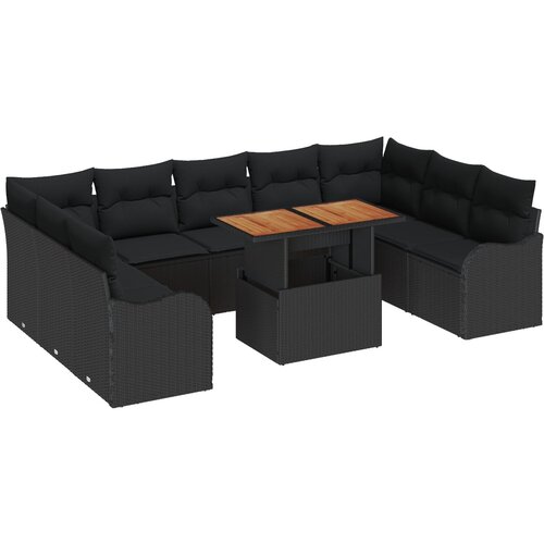 VidaXL set vrtne sofe od 10 komada s jastučićima crni poli ratan akacija, dvosed vrtna sofa s jastučićima crni poli ratan Slike