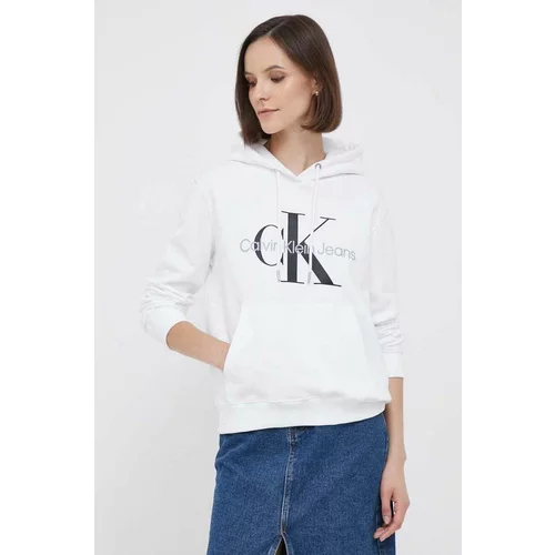 Calvin Klein Jeans Bombažen pulover ženska, bela barva, s kapuco