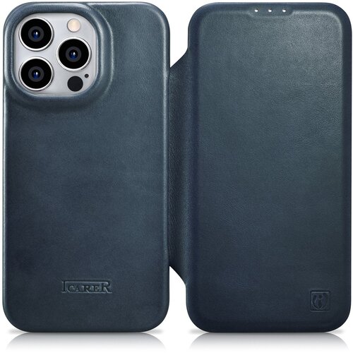 ICARER iPhone 14 Pro Magnetic Flip Case MagSafe CE Oil Wax Premium Leather Navy Blue, (21522183) Cene