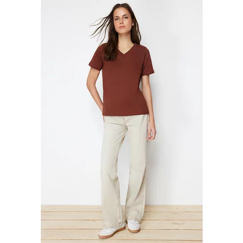 Trendyol Brown 100% Cotton Basic V-Neck Knitted T-Shirt