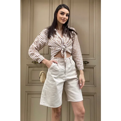 Trend Alaçatı Stili Shorts - Beige - High Waist