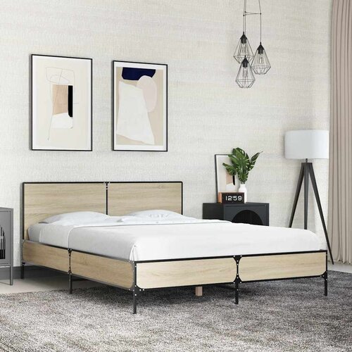  Okvir za krevet boja hrasta 140x190cm konstruirano drvo i metal Smeđa 140 x 190 cm? Cene