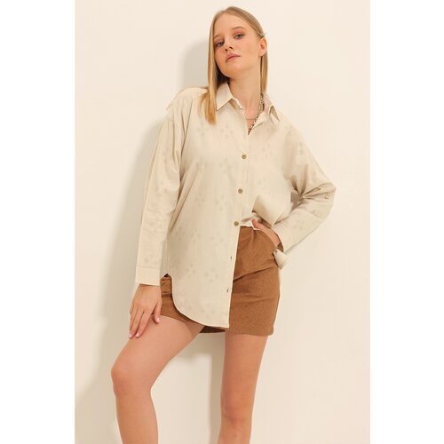 Trend Ala&amp;ccedil;atı Stili Women&amp;#039;s Beige Motif Oversize Linen Shirt Slike
