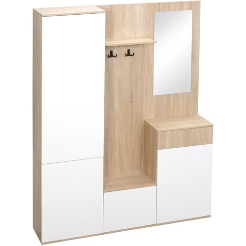 HOMCOM predsoba iz iverne plošče 4 v 1 z ogledalom, kljukami in nastavljivimi notranjimi policami, 145x29x184 cm, bela in v barvi lesa, (20745470) Cene