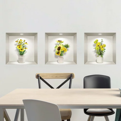 Ambiance Komplet 3 3D stenskih nalepk Yellow Flowers
