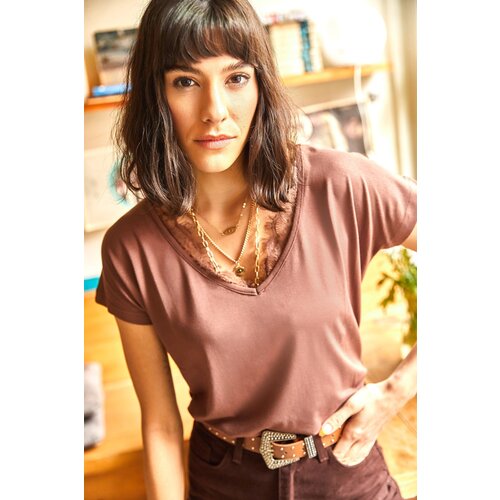 Olalook Women's Bitter Brown Collar Lace Loose Viscose Blouse Cijene