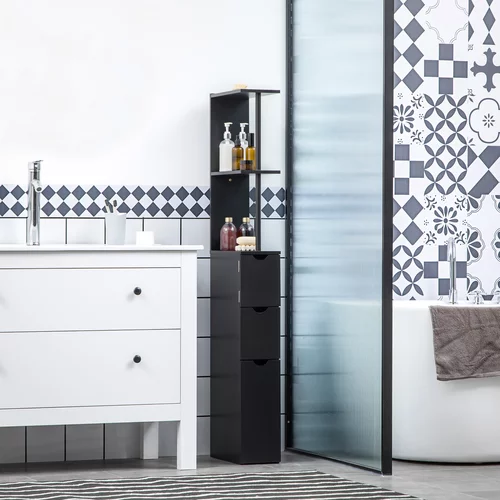 HOMCOM Lesena omarica s stebriščem za varčevanje s prostorom, kopalniška omarica s policami, omarico in predali, črna, 15x33x136cm, (20754062)