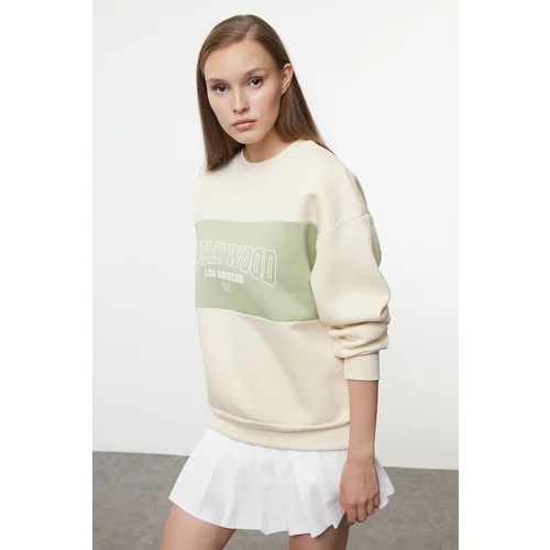 Trendyol Light Stone Color Blocked Slogan Printed Oversize Fit Thick Inside Fleece Knitted Sweatshirt